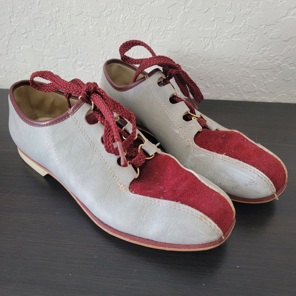 Vintage Handmade Leather Bowling Shoes Red and Gray Roughly Rockabilly size 8